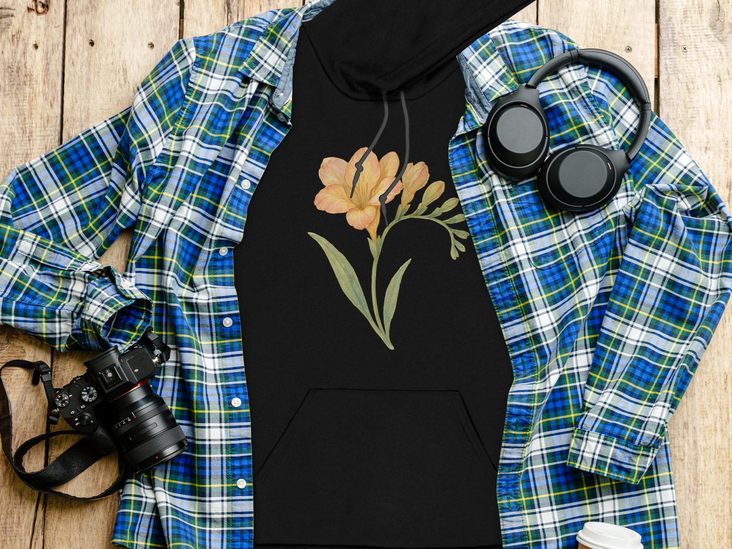 Floral Print Black Hoodie Casual Sweatshirt product type