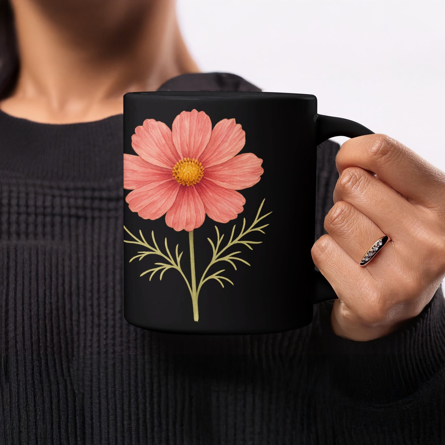 Elegant Black Mug with Hand-Illustrated Flower product type
