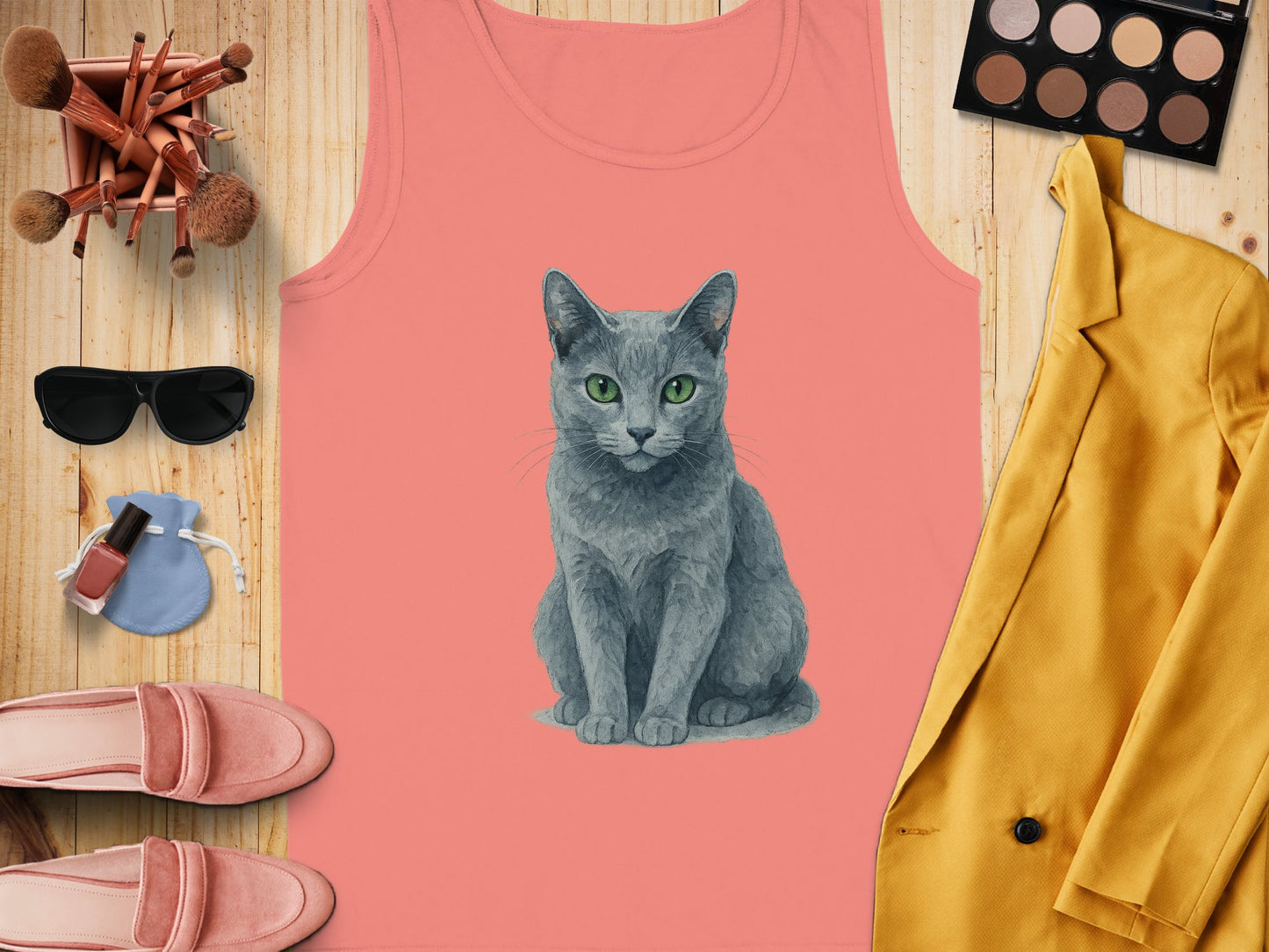 Illustrated Green-Eyed Cat Design on Pink Tank product type