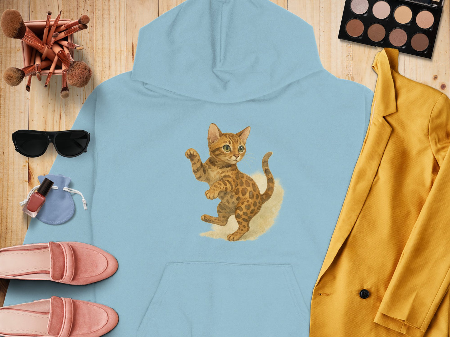 Cute Playful Kitten Print Light Blue Hooded product type