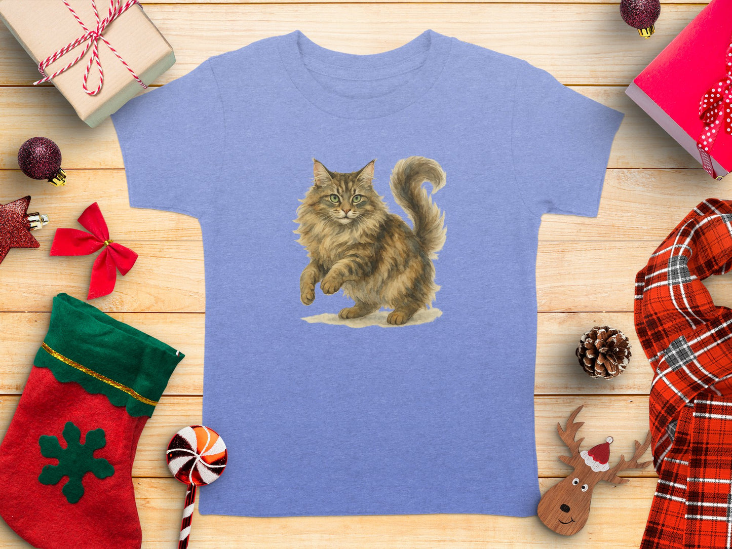 Cute Christmas Cat Graphic on Blue Tee product