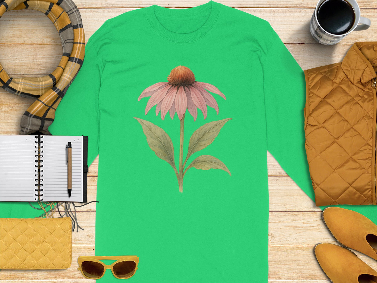 Stylish Floral Design Green Long Sleeve Shirt product