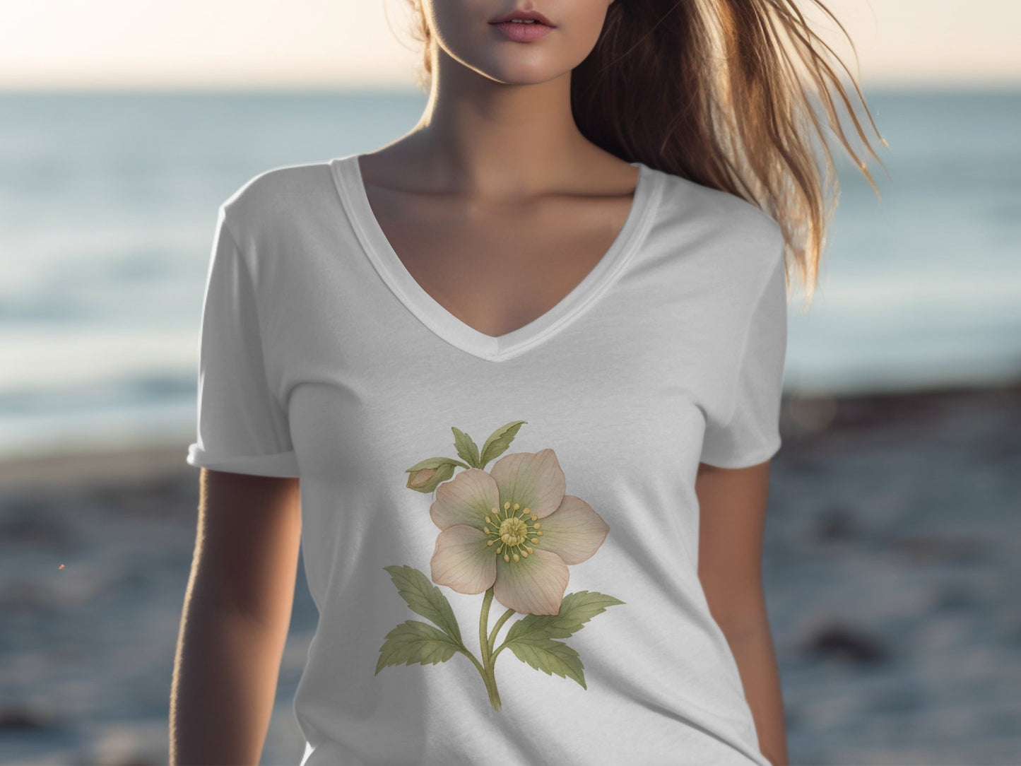 Beautiful Floral Print V Neck Casual White TShirt product type