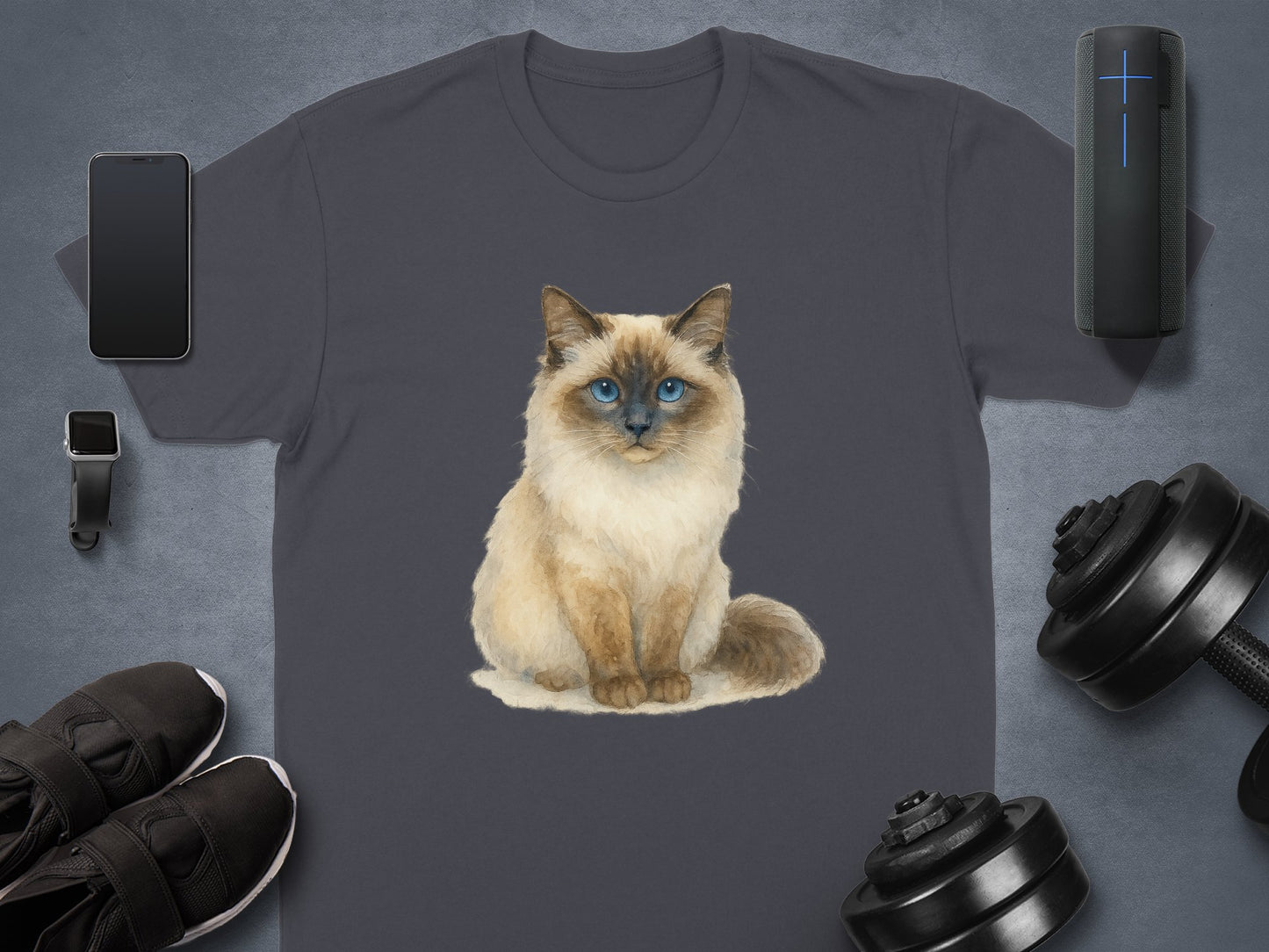 Cute Fluffy Cat Illustration on Dark T-shirt product type