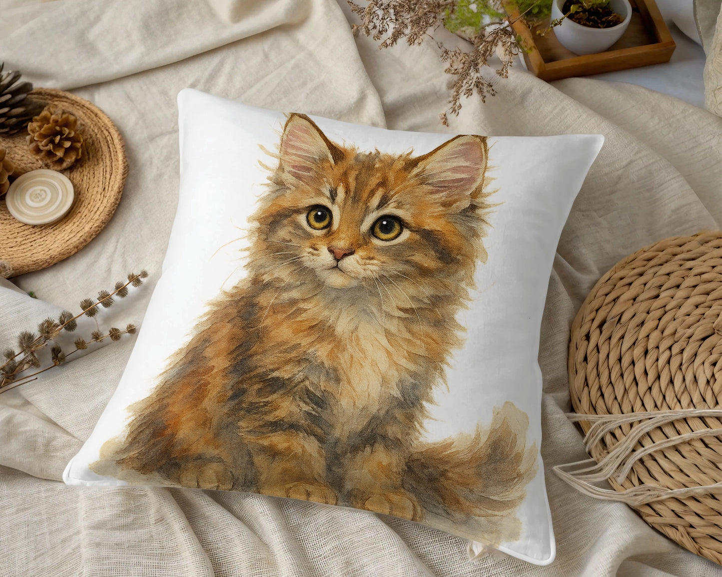 Adorable Fluffy Kitten Illustration Throw Pillow product