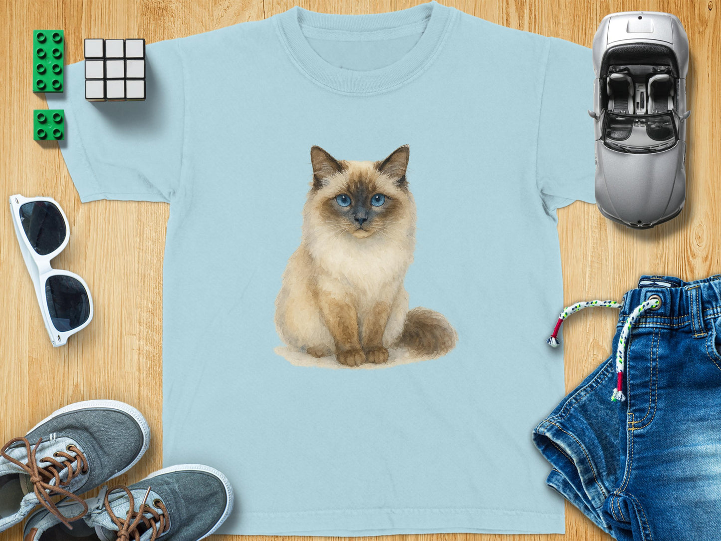 Blue T-Shirt Featuring Realistic Cat Illustration product type