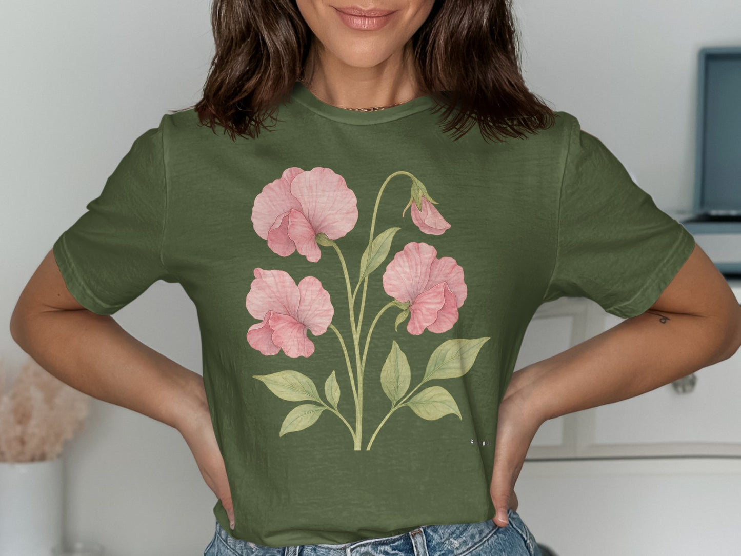 Pink Floral Graphic on Green Tee Shirt product type