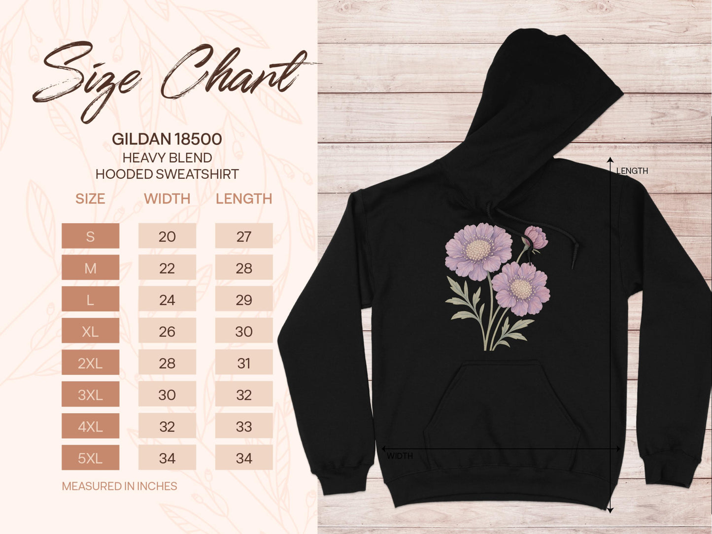 Women's Floral Hoodie Sweatshirt Size Chart product type