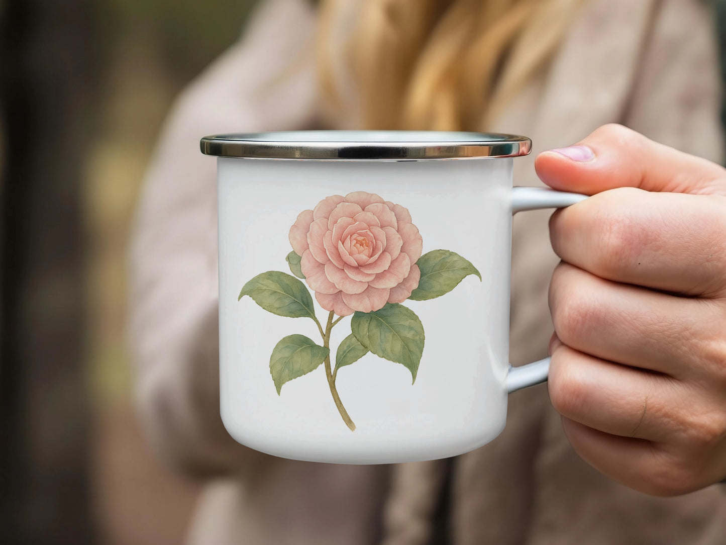 Floral Design White Enamel Mug with Pink Flower Product Type