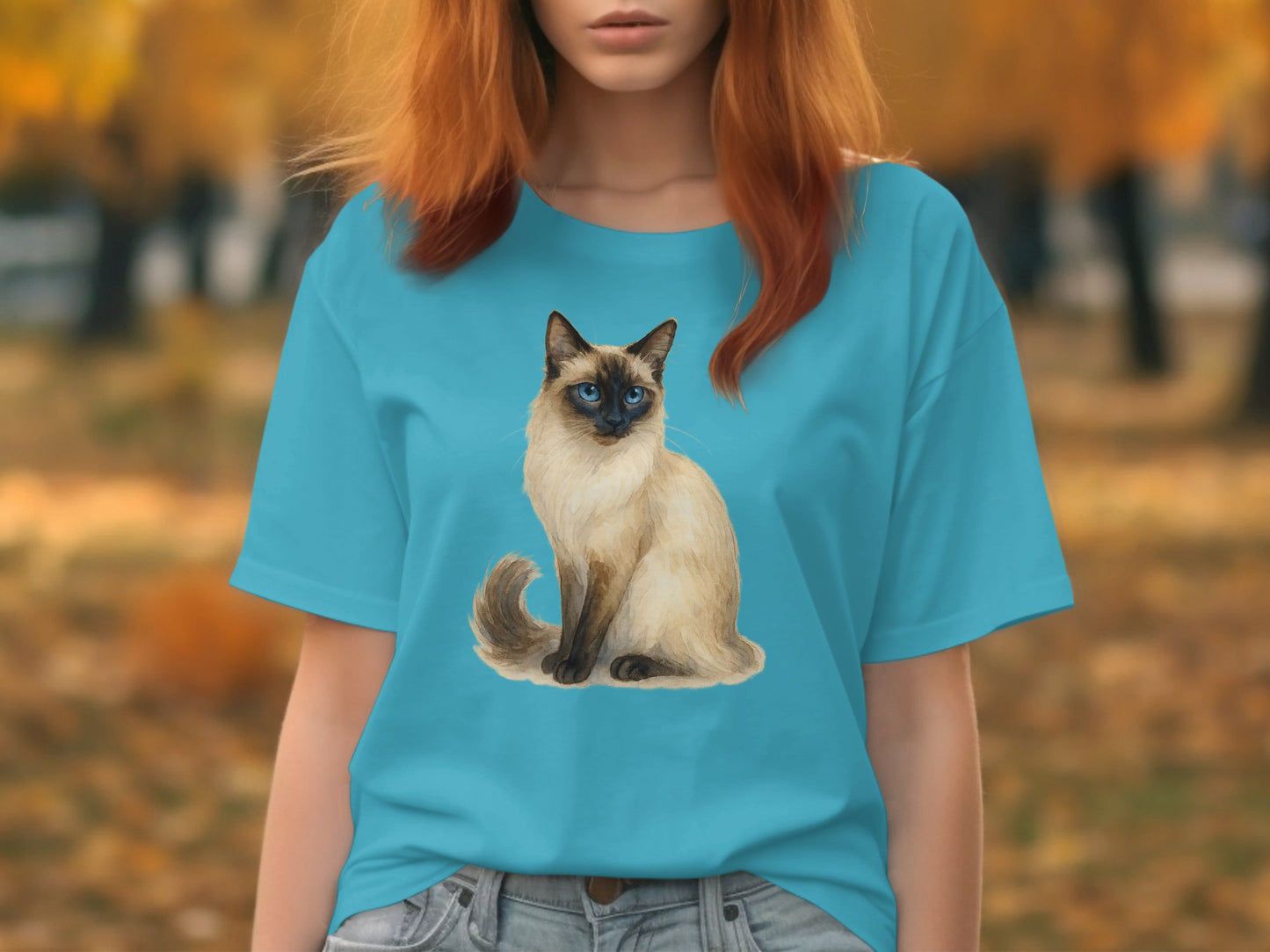 Blue T-Shirt with Sitting Siamese Cat Print product type