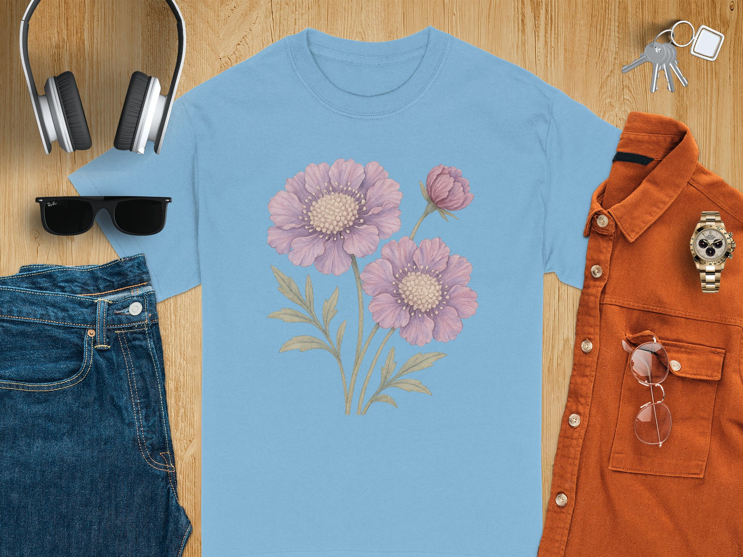 Purple Floral Graphic Design Light Blue Shirt product