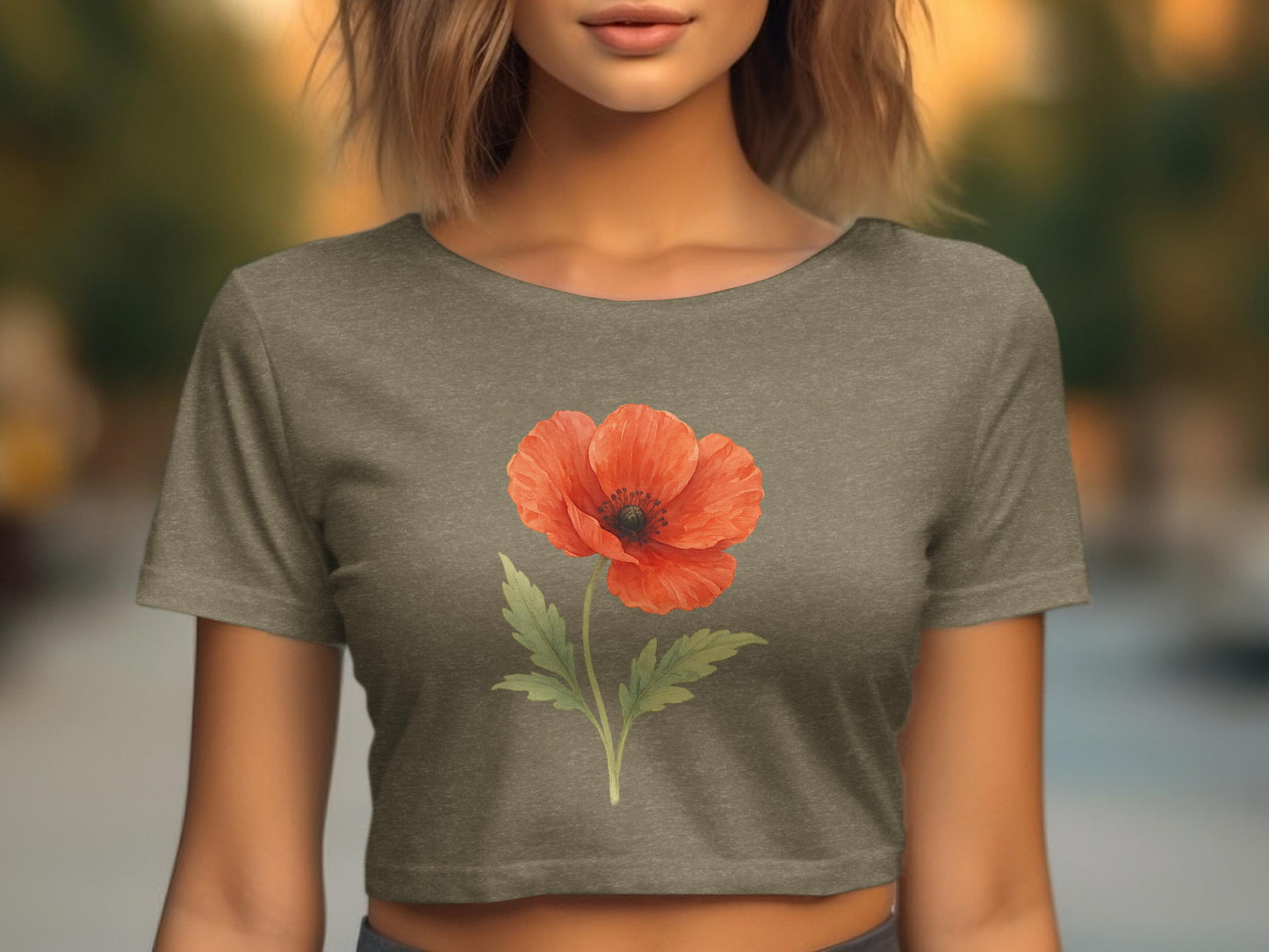 Stylish Olive Crop Top with Red Poppy Print product type