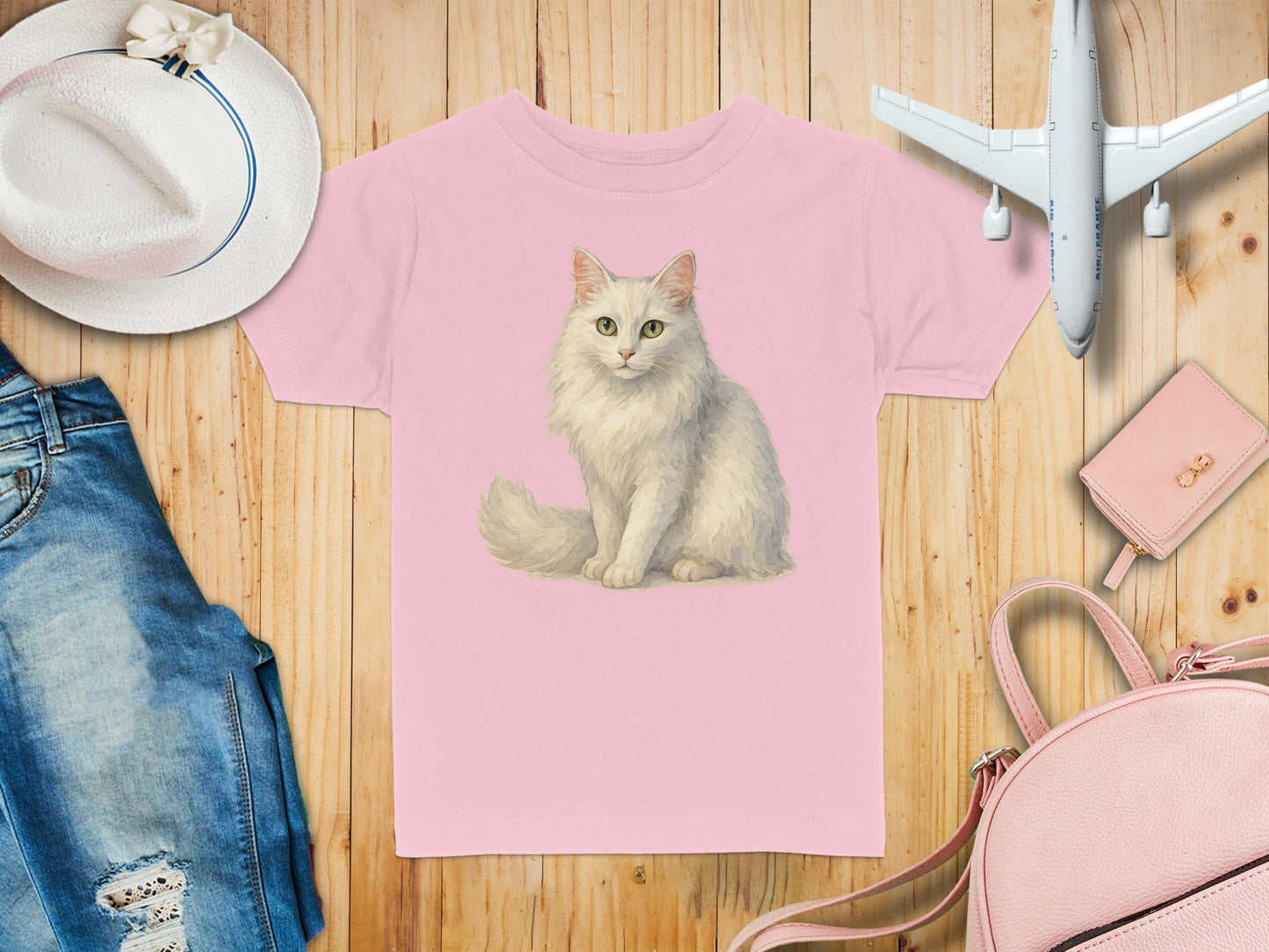 Cute White Cat Print Pink Short Sleeve T-Shirt product