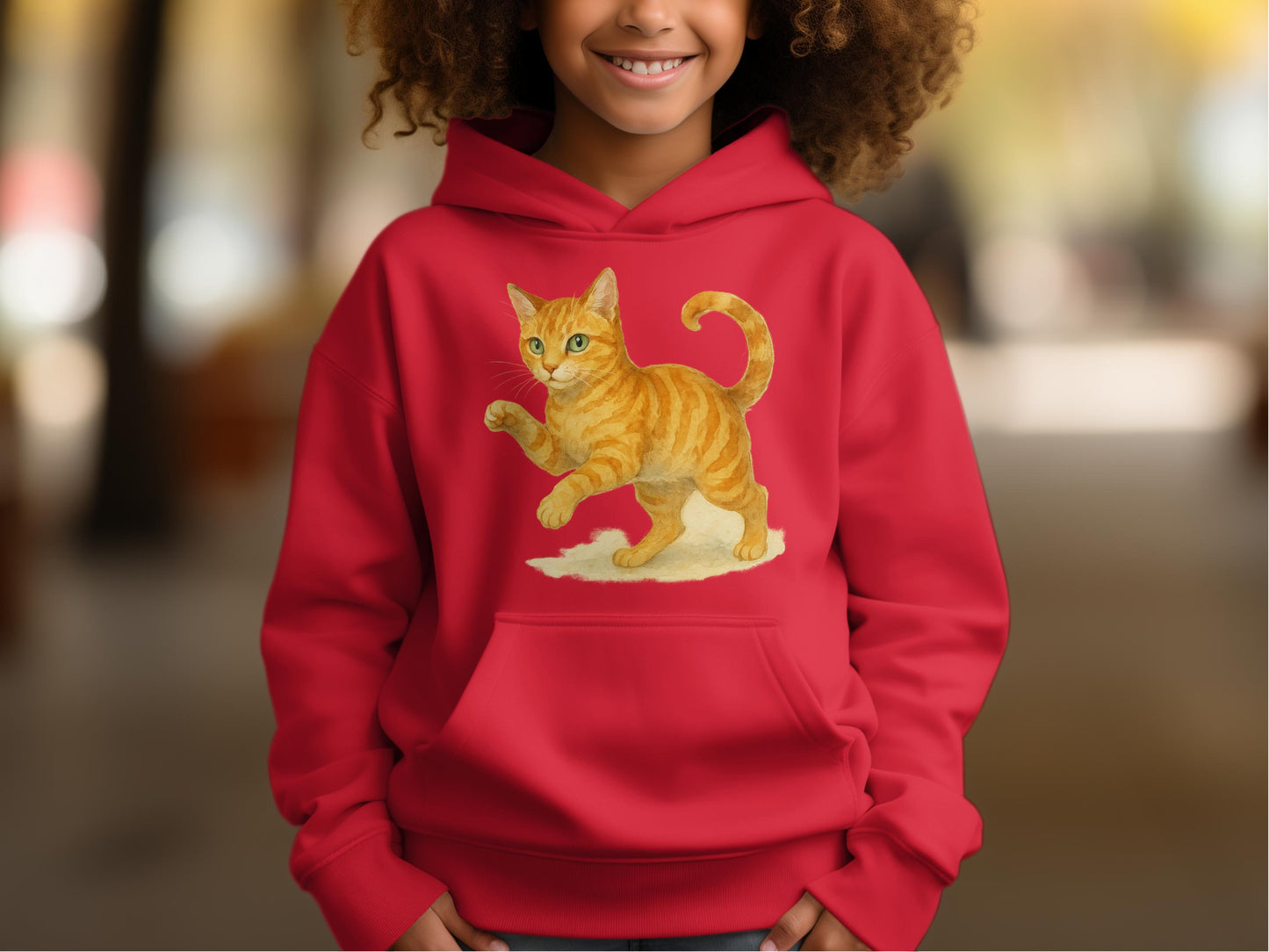 Playful Orange Cat Design on Red Hoodie product type