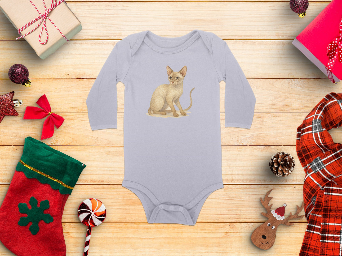 Festive Long Sleeve Baby Bodysuit with Cat Design product