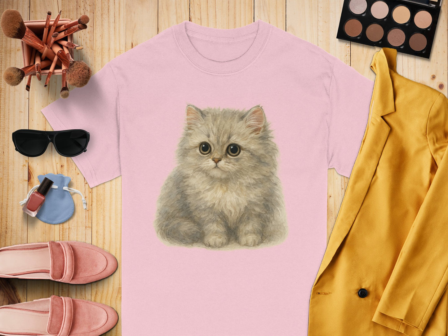 Cute Fluffy Kitten Graphic on Pink Shirt product type