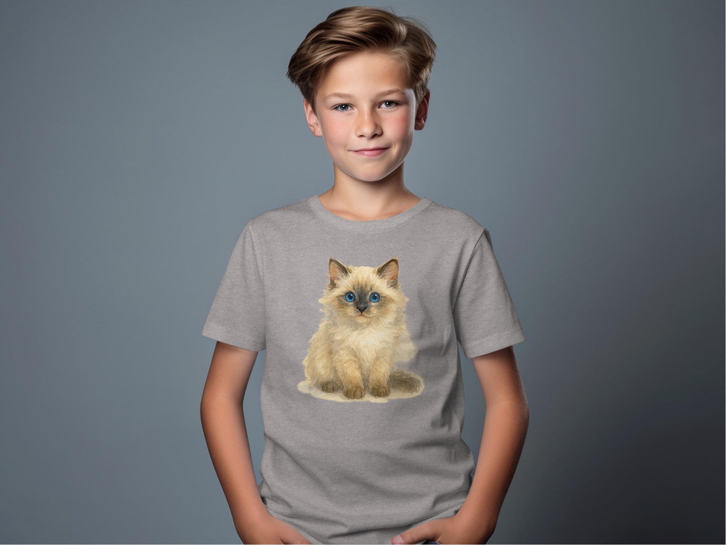 Cute Fluffy Kitten Design on Grey T-shirt product type