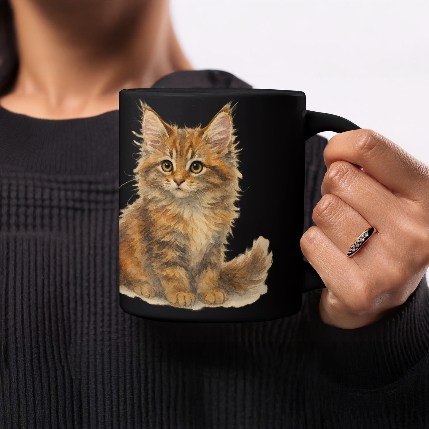 Adorable Fluffy Kitten Artwork on Black Mug product