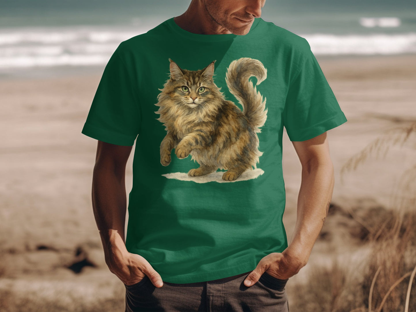 Playful Cat Illustration on Green Graphic T-Shirt product type