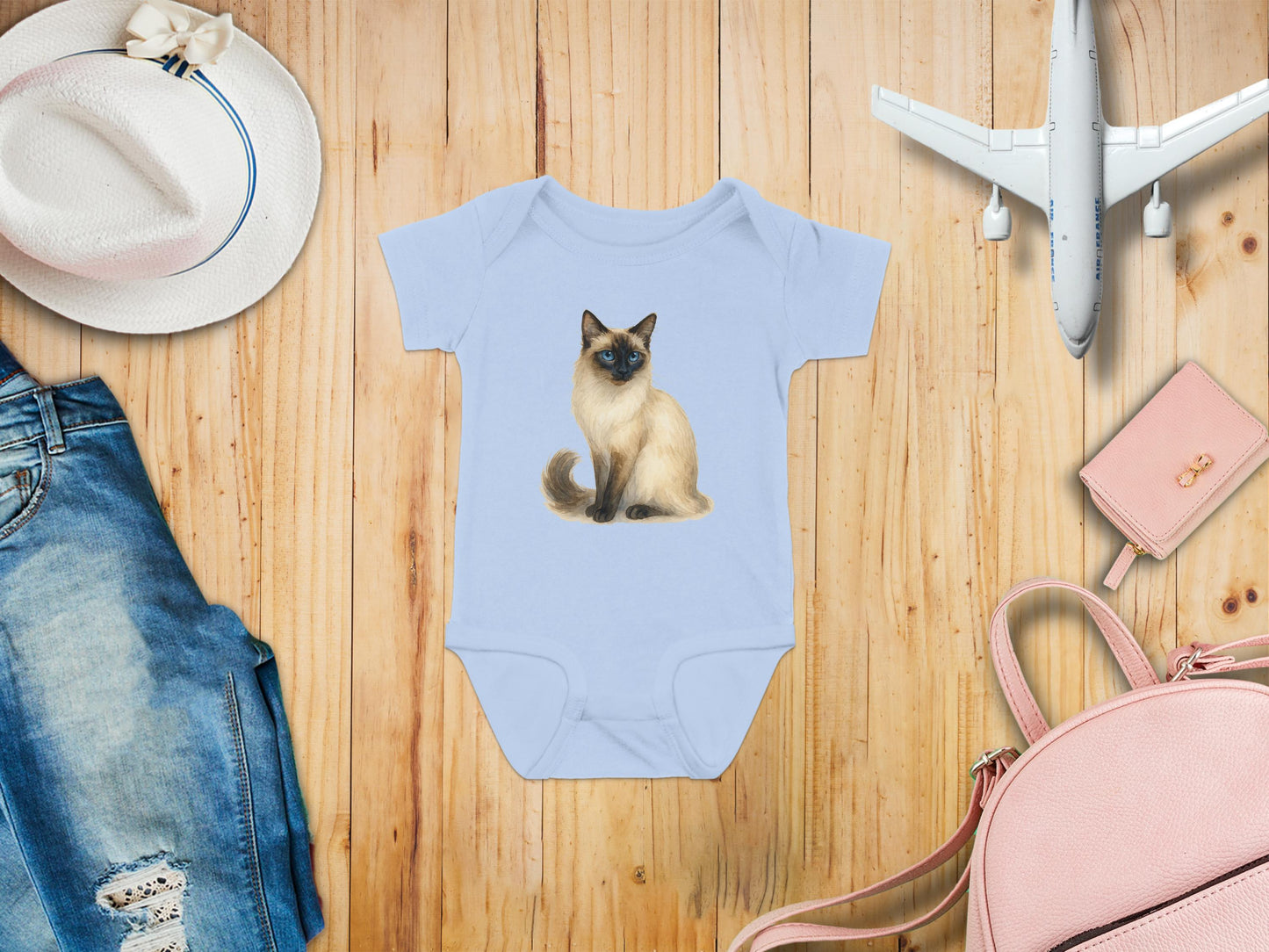 Adorable Siamese Cat Print Light Blue Baby Onesie product