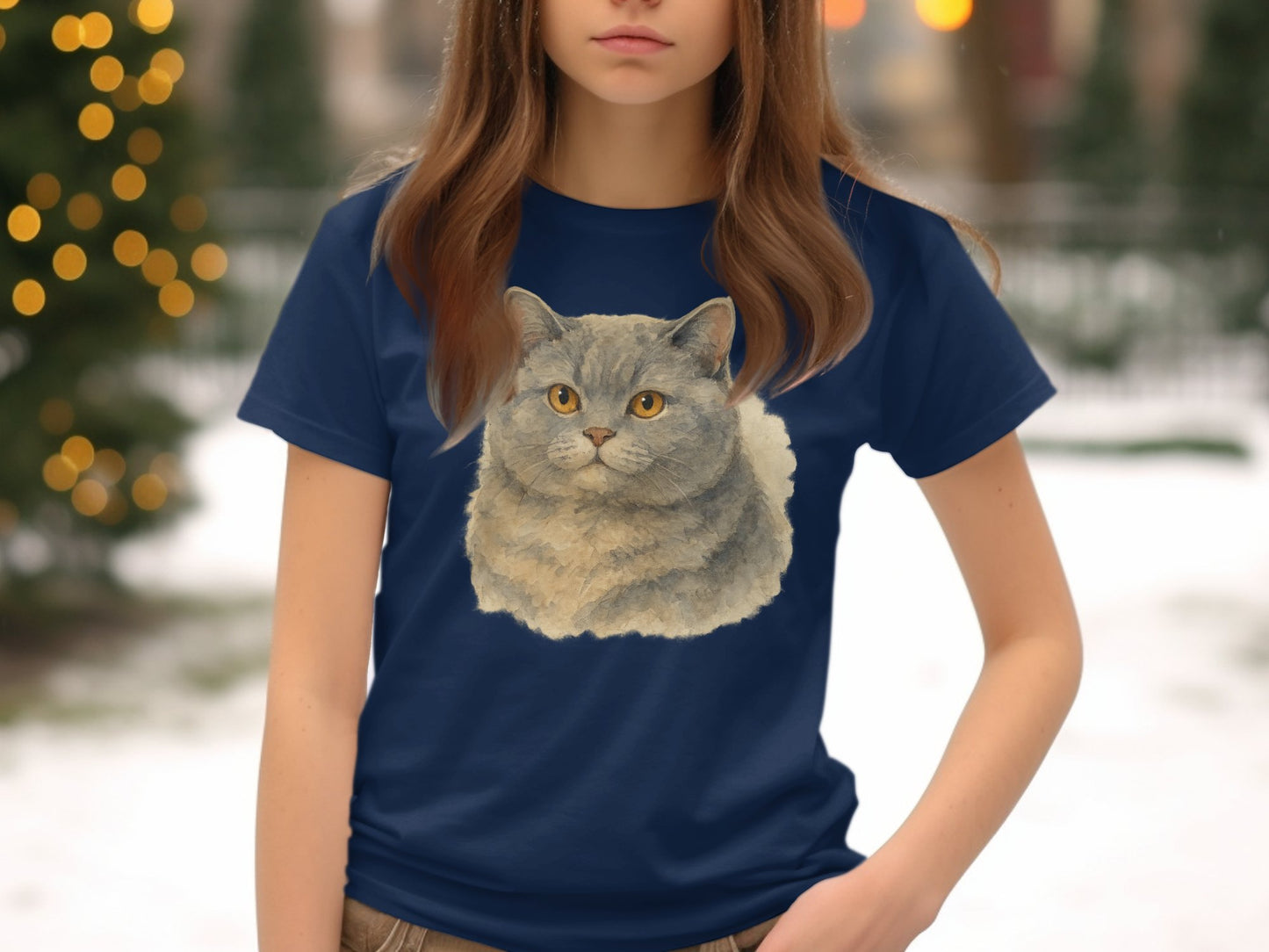 Cute Cat Illustration on Dark Blue T-Shirt product