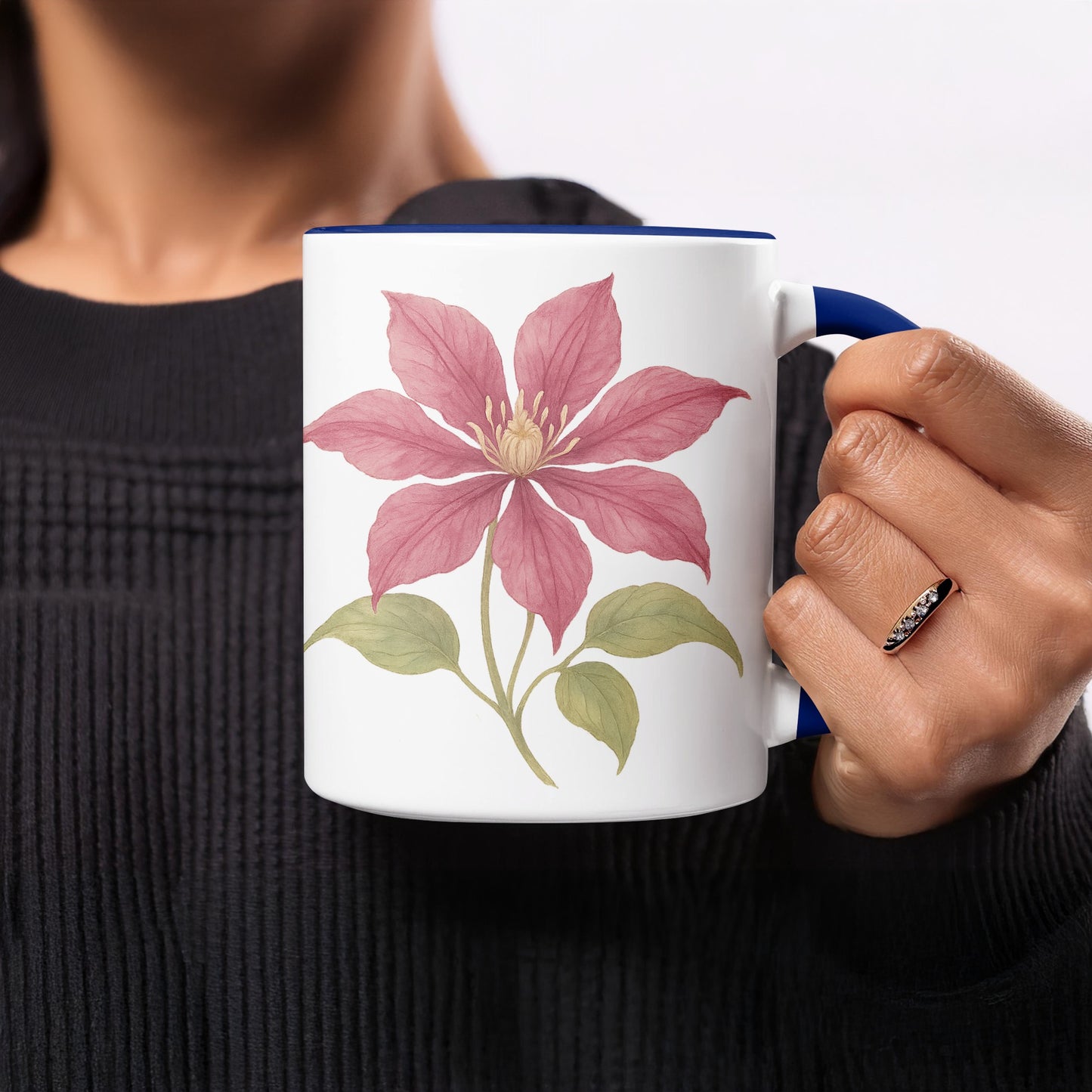 Pink Flower Mug with Blue Handle for Morning Coffee product