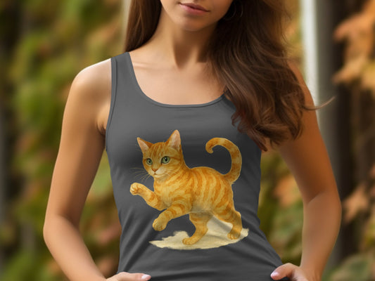 Gray Tank Top Featuring Playful Orange Cat print product type