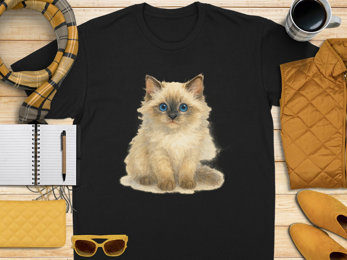 Adorable Fluffy Kitten Print on Black Shirt product