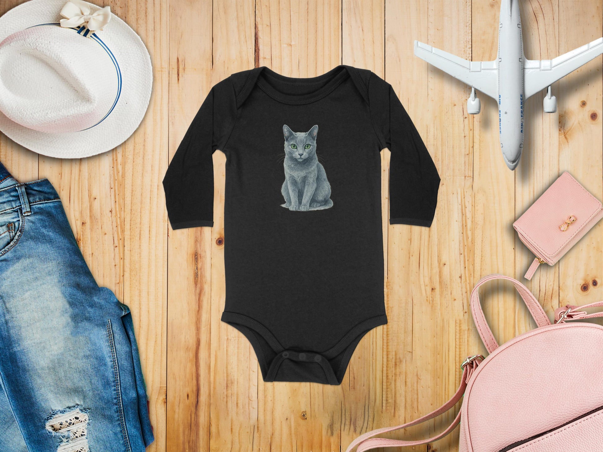 Cute Gray Cat Design Black Long Sleeve Baby Product