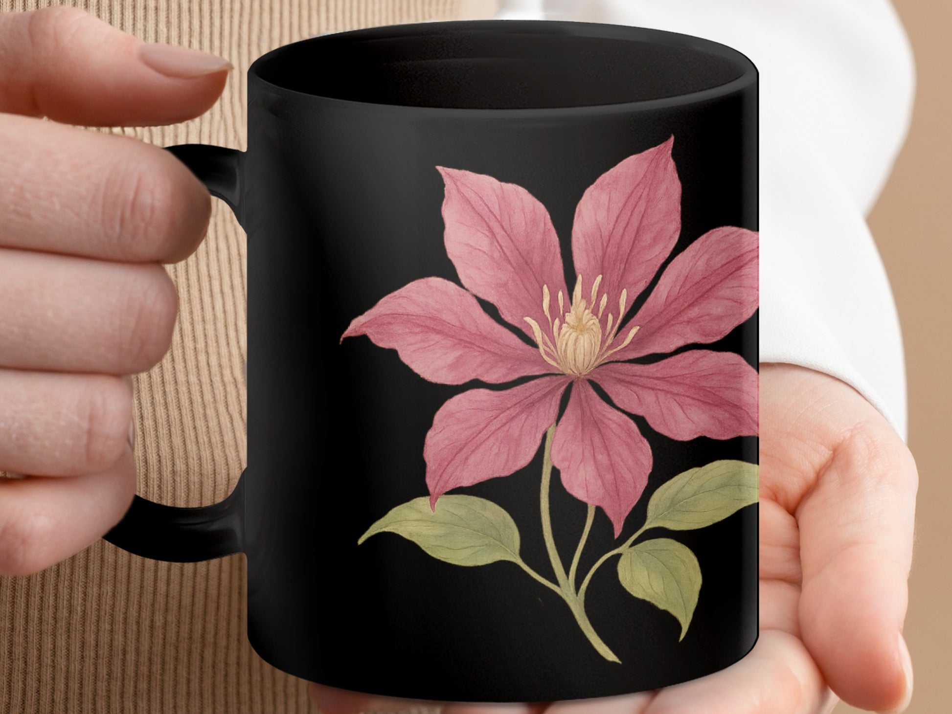 Elegant Pink Flower Design Black Mug product