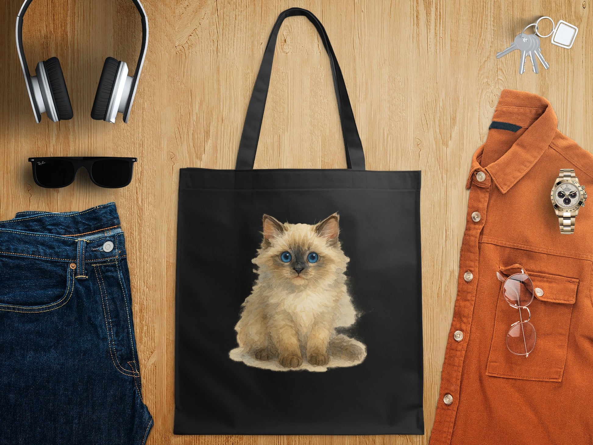 Cute Kitten Print Stylish Black Tote Bag product