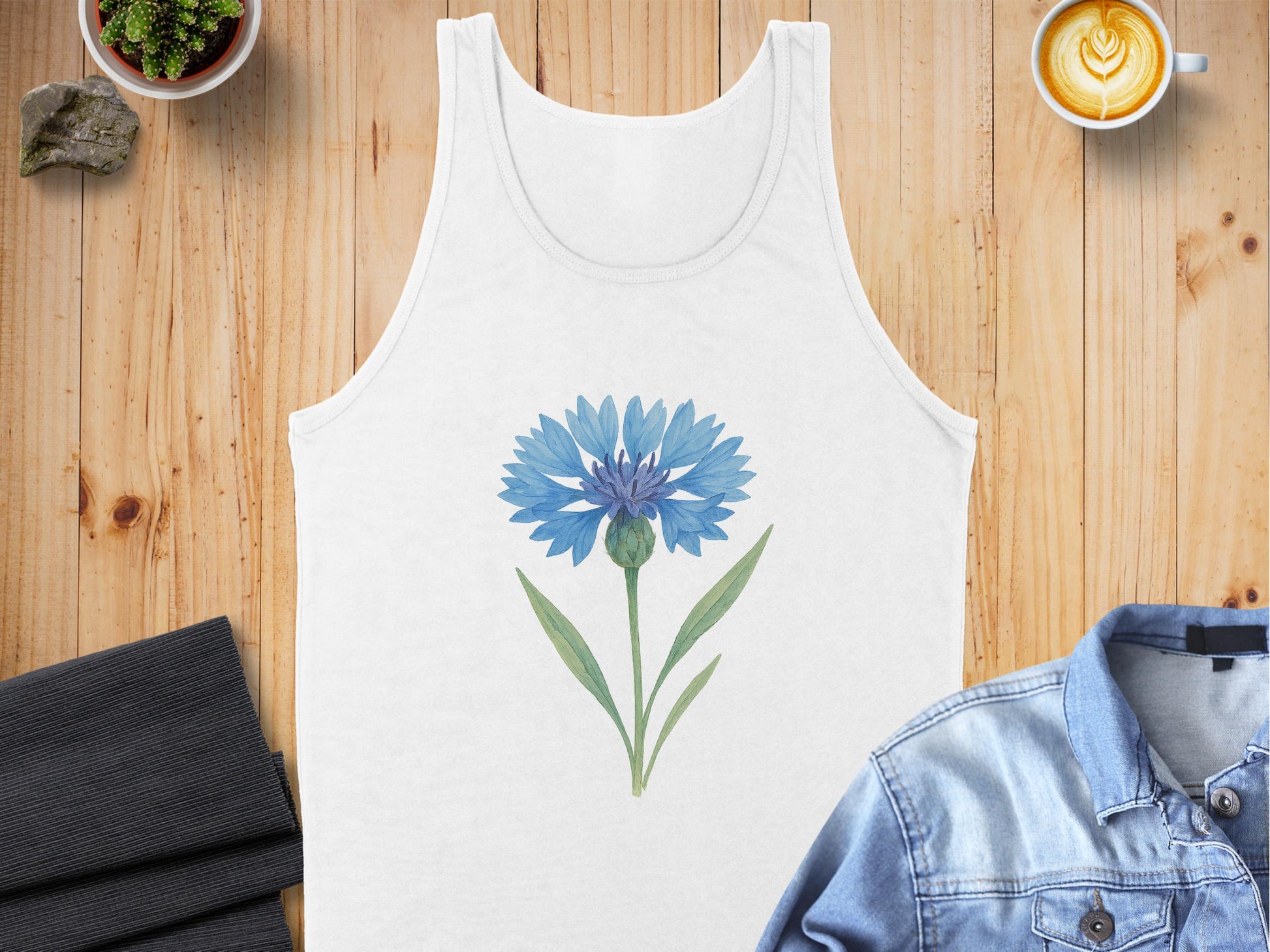 Blue Flower Printed Sleeveless White Tank Top product type