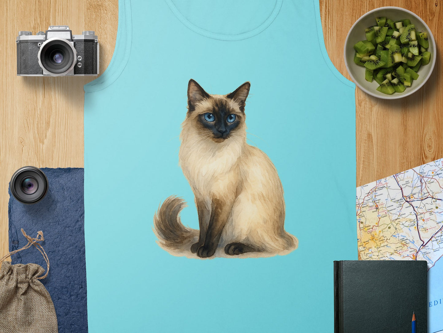 Cute Blue-Eyed Siamese Cat on Blue Tank Top product