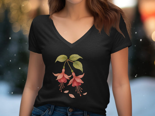 Black V-Neck Floral Design Casual Women T-Shirt product type