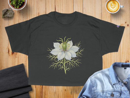 Elegant White Flower Print Black Crop Top product