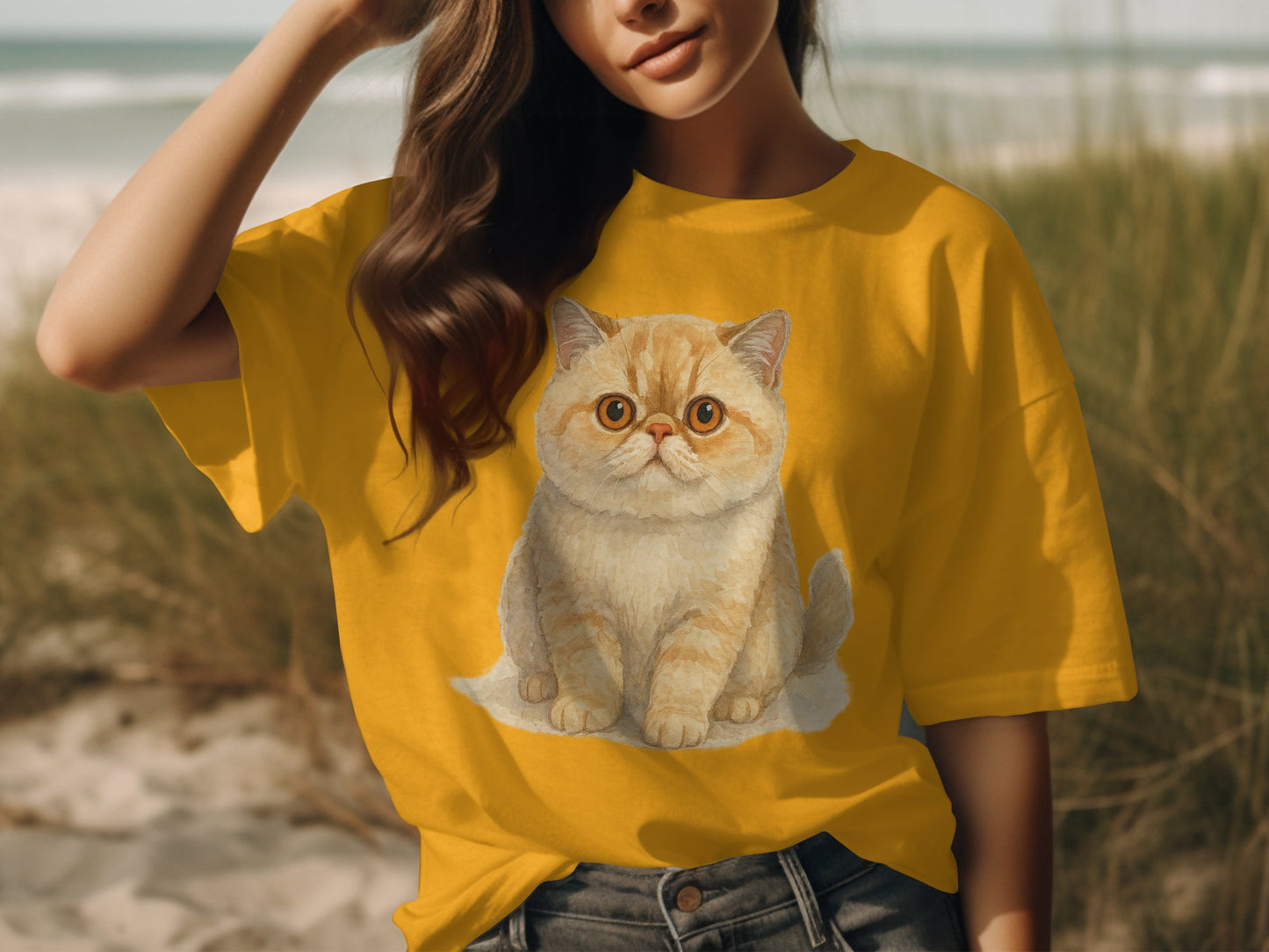 Adorable Cat Print Yellow Tee Casual Clothing product type