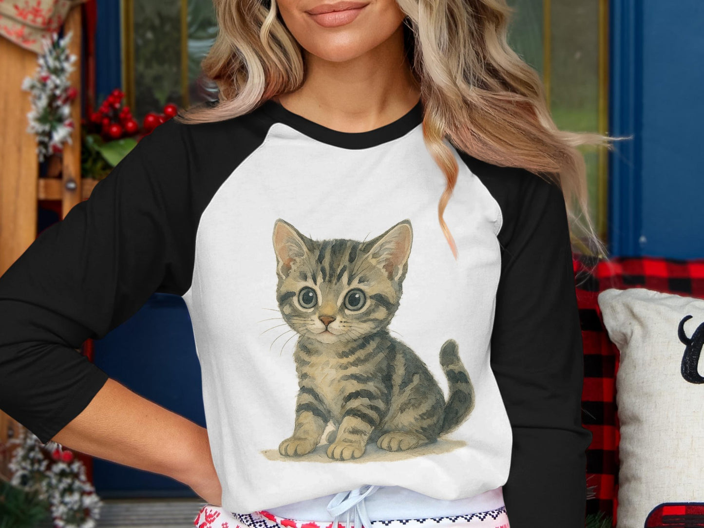 Adorable  Cat on White and Black Raglan Shirt product