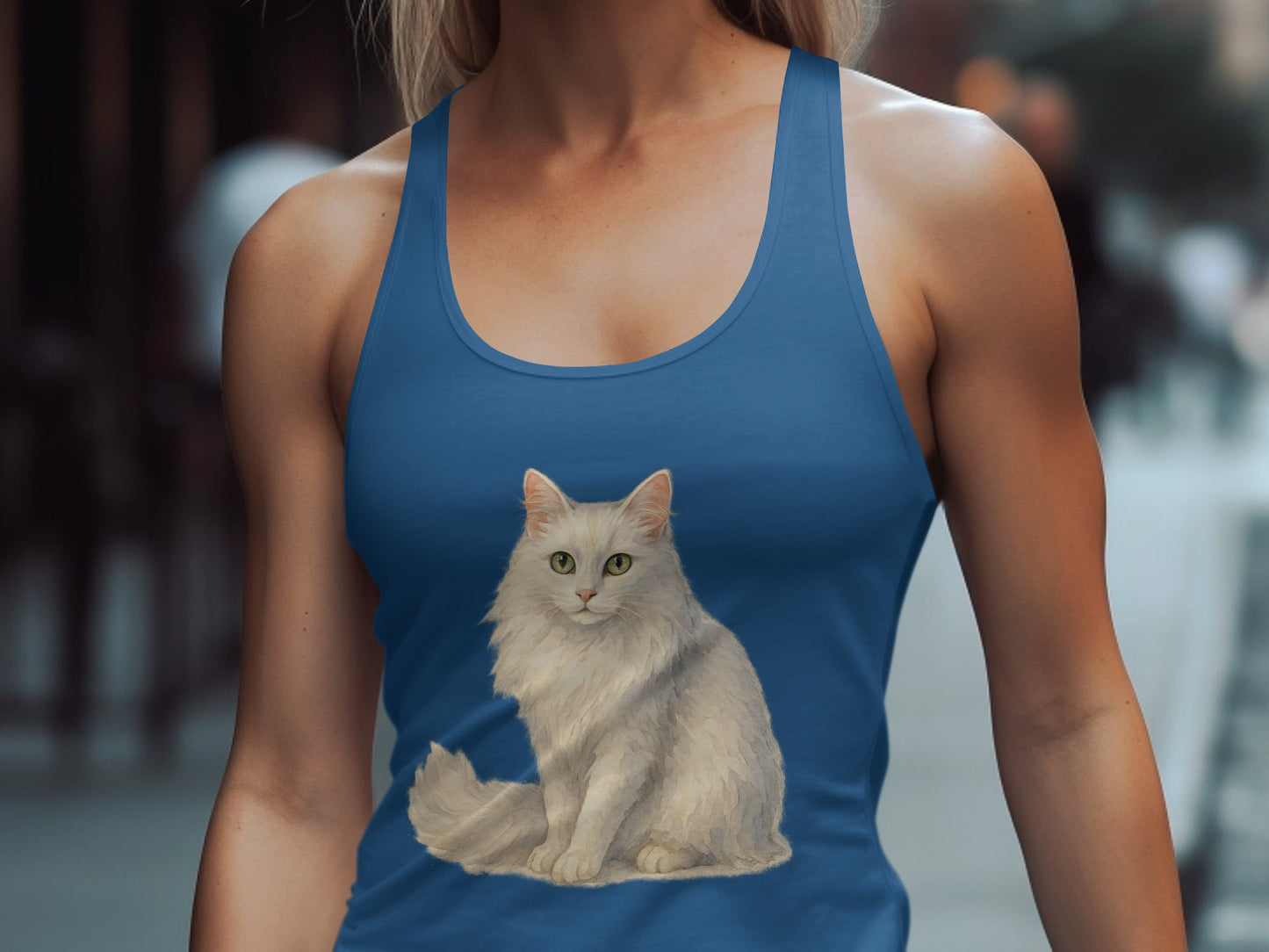 Realistic White Cat Print on Blue Tank Top product type