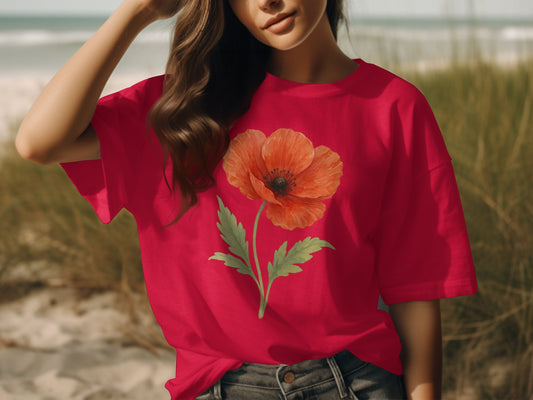 Vibrant Red T-Shirt with Bold Orange Flower Graphic product type