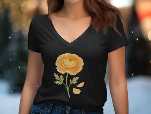 Elegant Floral Design Black V Neck T Shirt product type