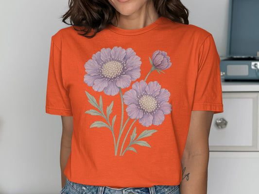 Floral Purple Daisy Print on Orange Shirt product