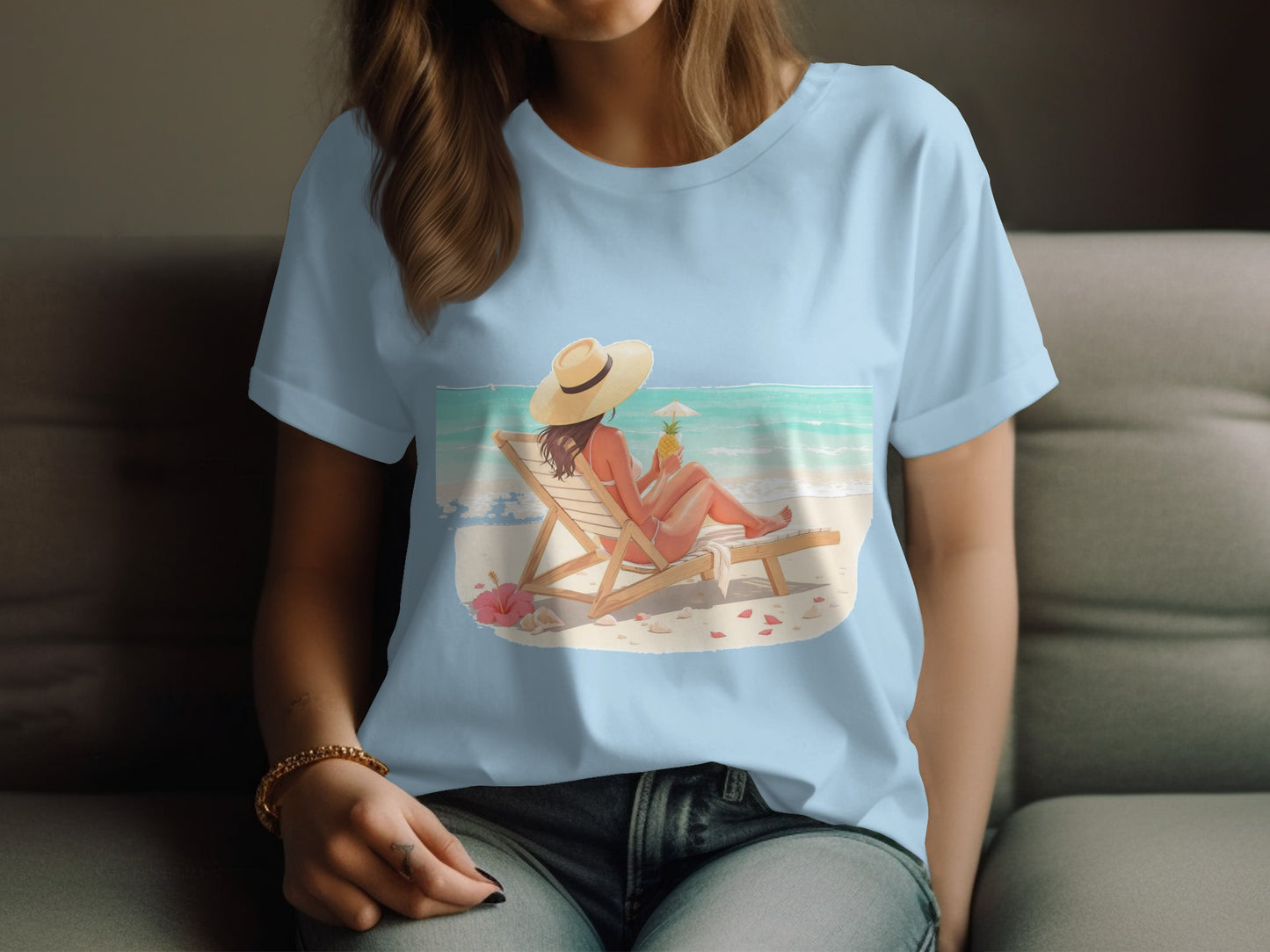 Woman Relaxing on Beach with Drink T-shirt product