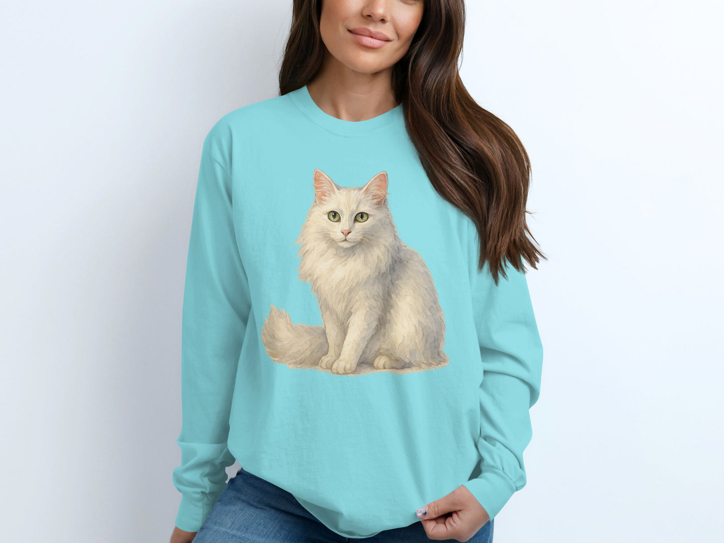 Cozy Long Sleeve Shirt with Fluffy White Cat Print product