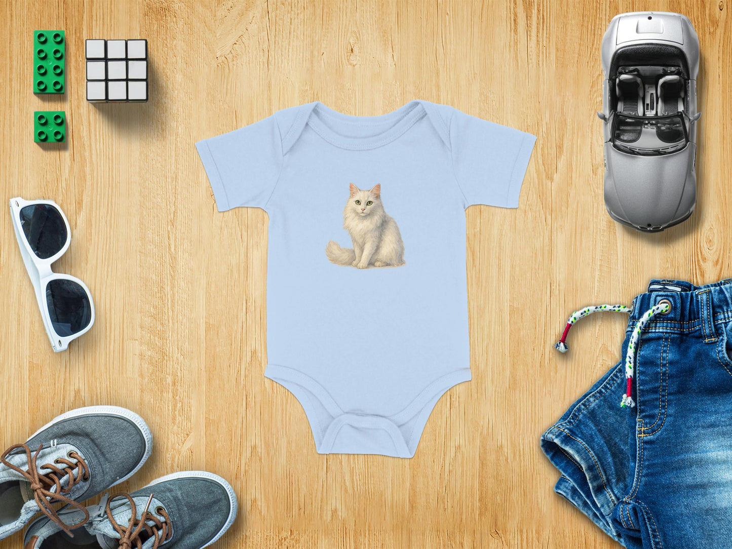 Cute Fluffy Cat on Light Blue Baby Onesie product type