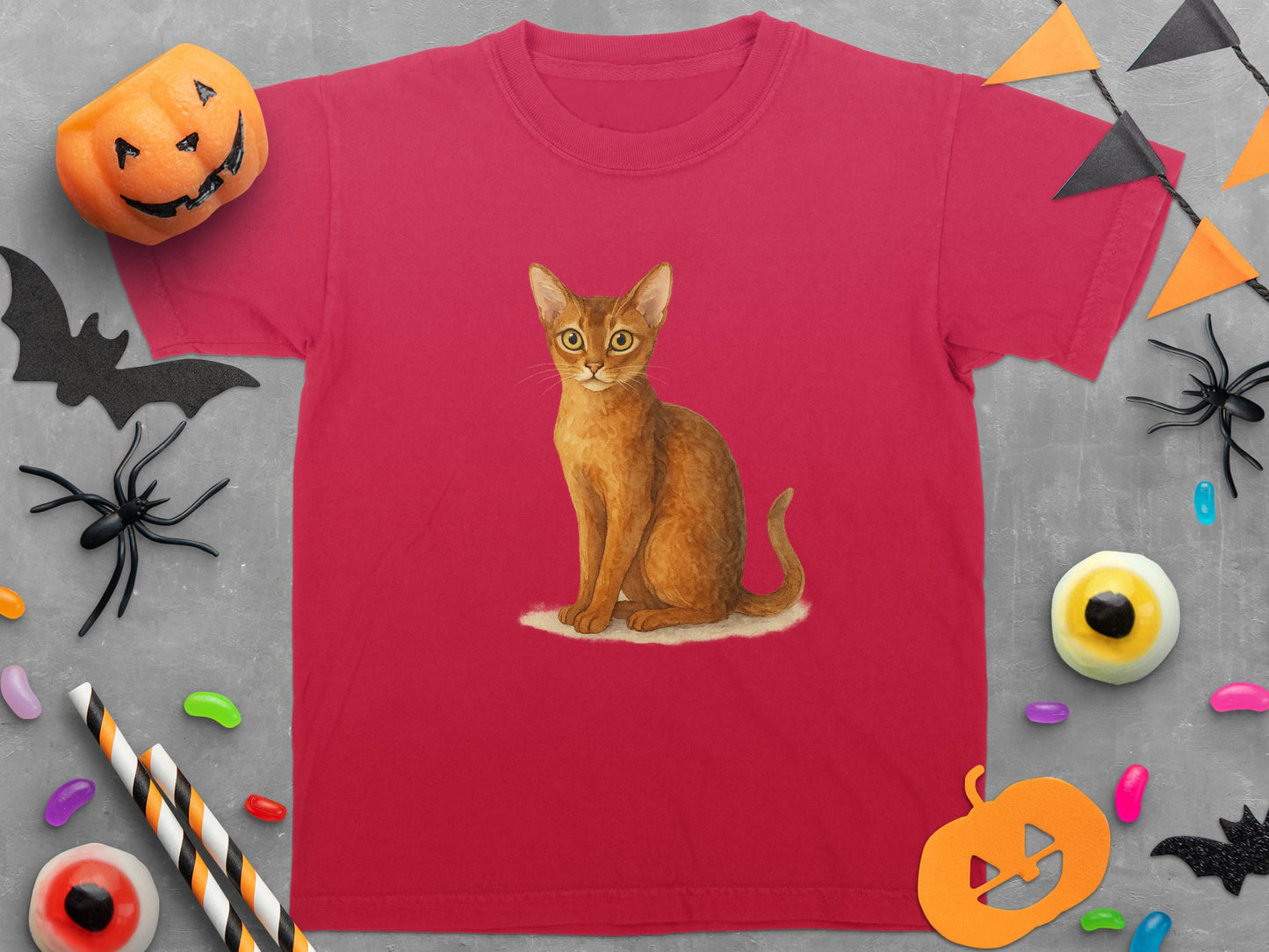 Festive Halloween Cat Design on Red T-Shirt product type