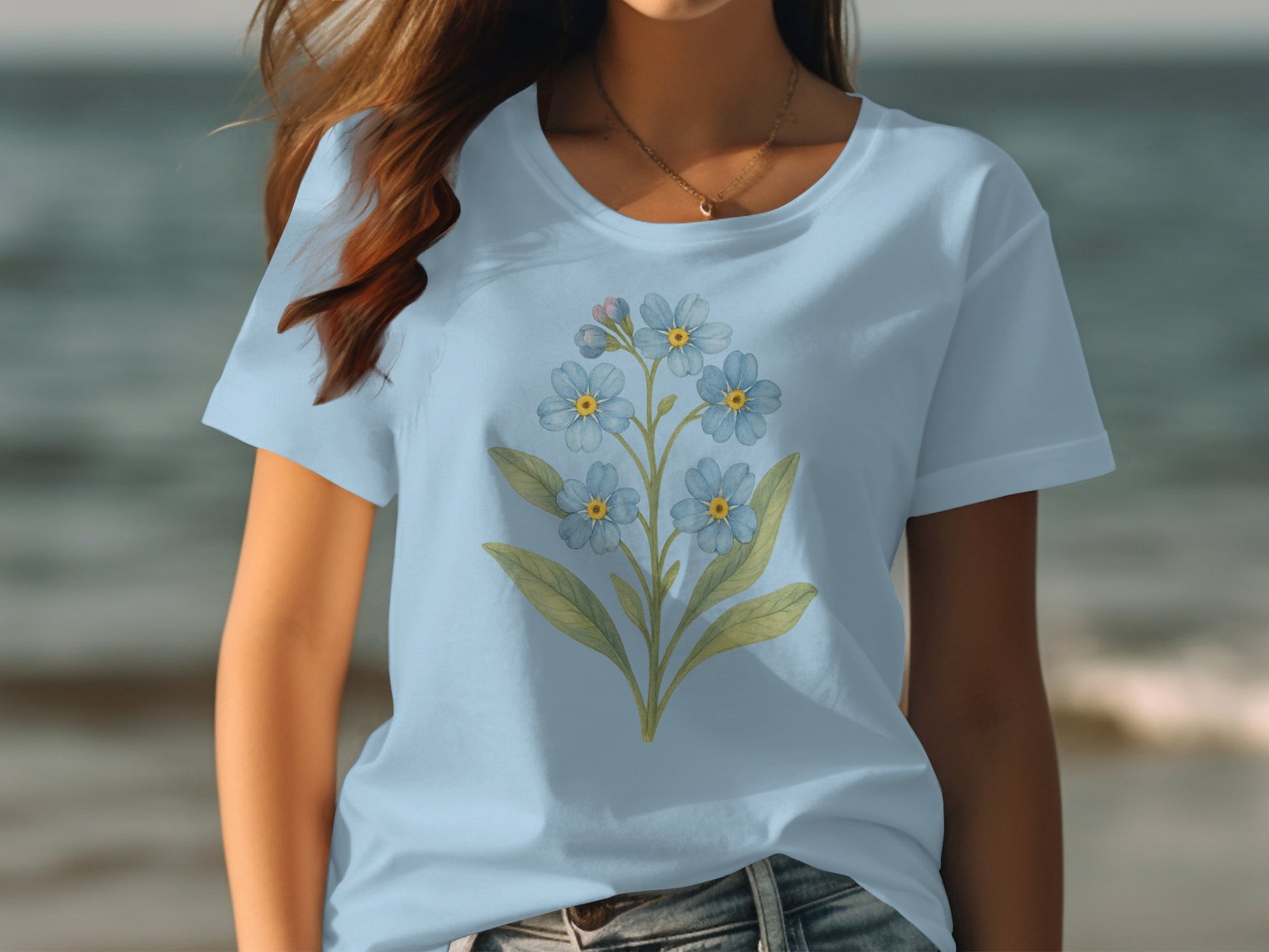 Beautiful Light Blue Floral Print Graphic T-shirt Product
