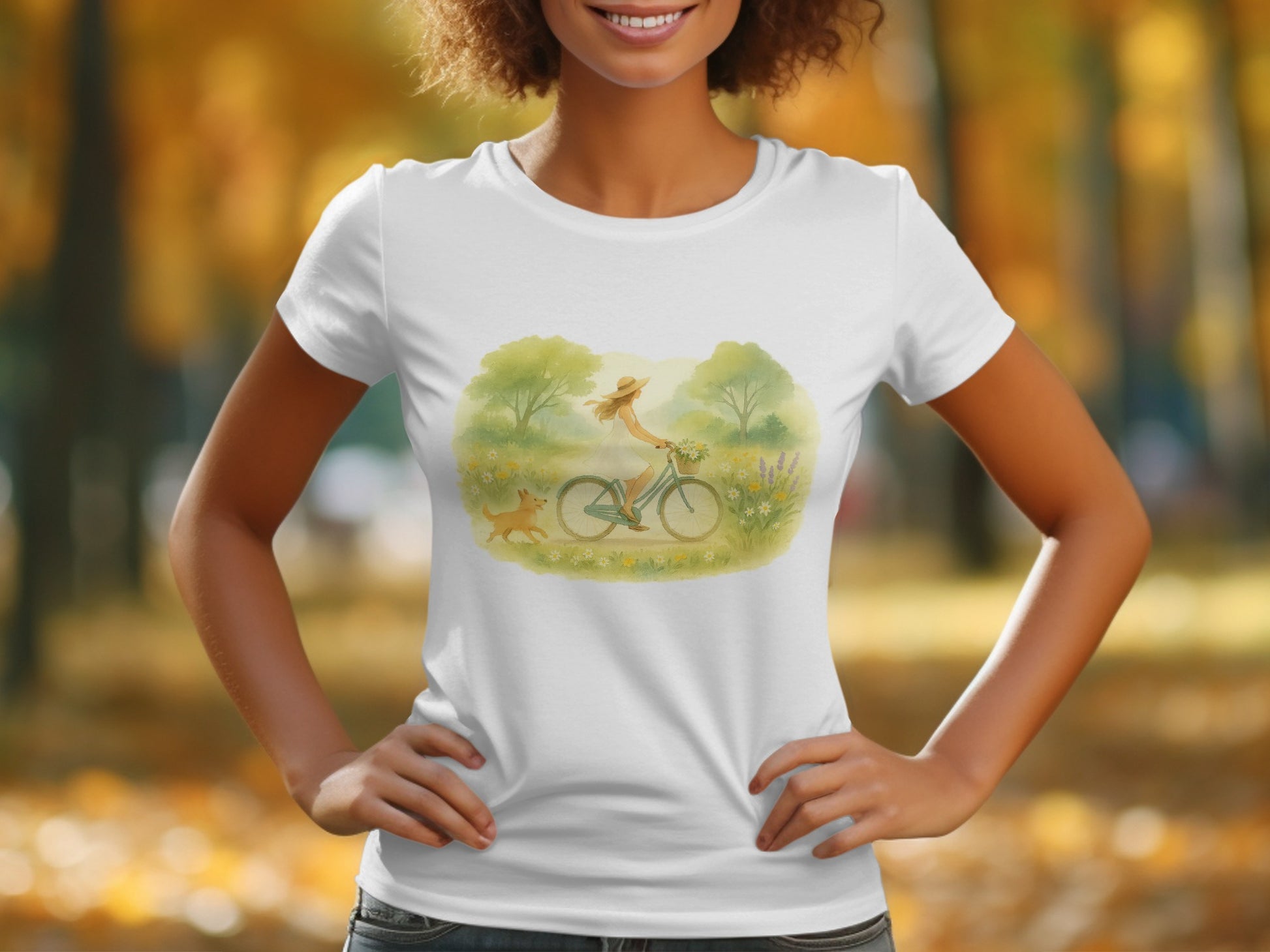 Whimsical Girl Riding Bicycle in Nature T-shirt product