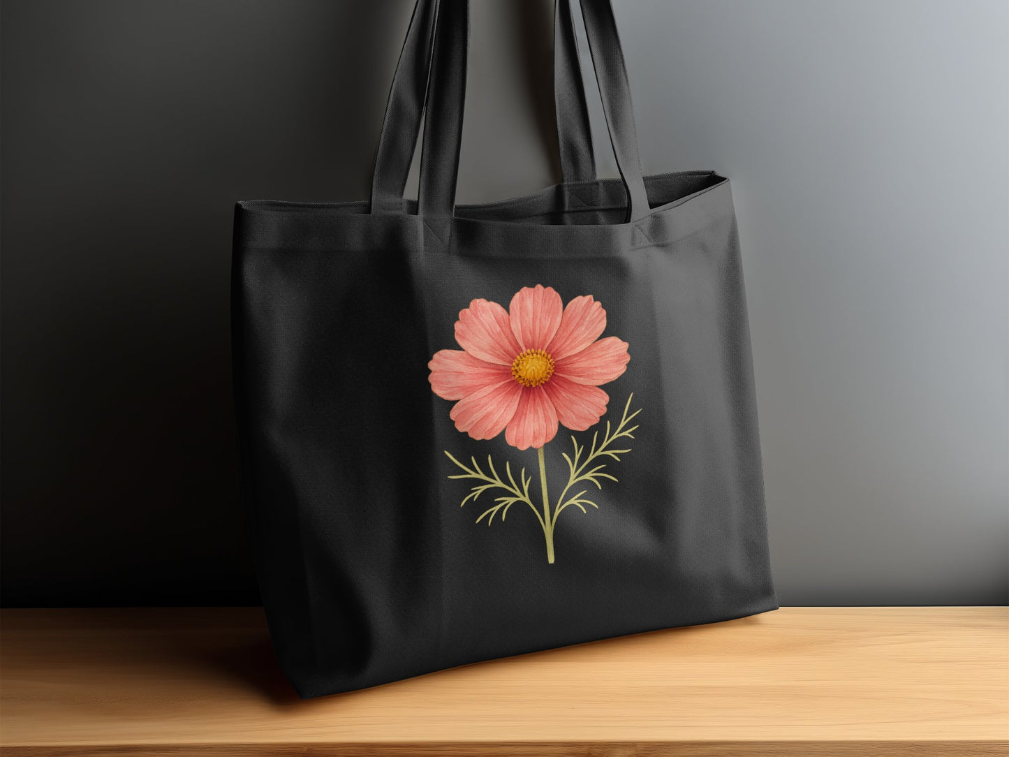 Floral Design Tote Bag with Pink Flower on Black product type