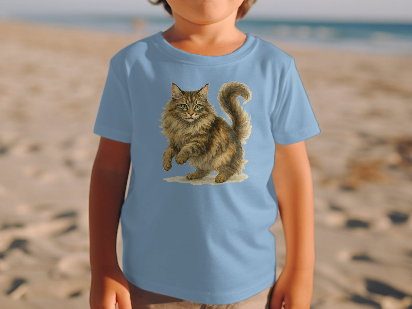 Cute Fluffy Cat Print on Blue Shirt Kids Clothing Product