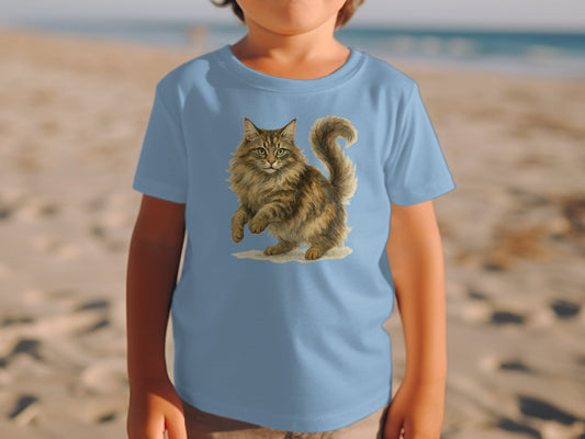 Cute Fluffy Cat Print on Blue Shirt Kids Clothing Product